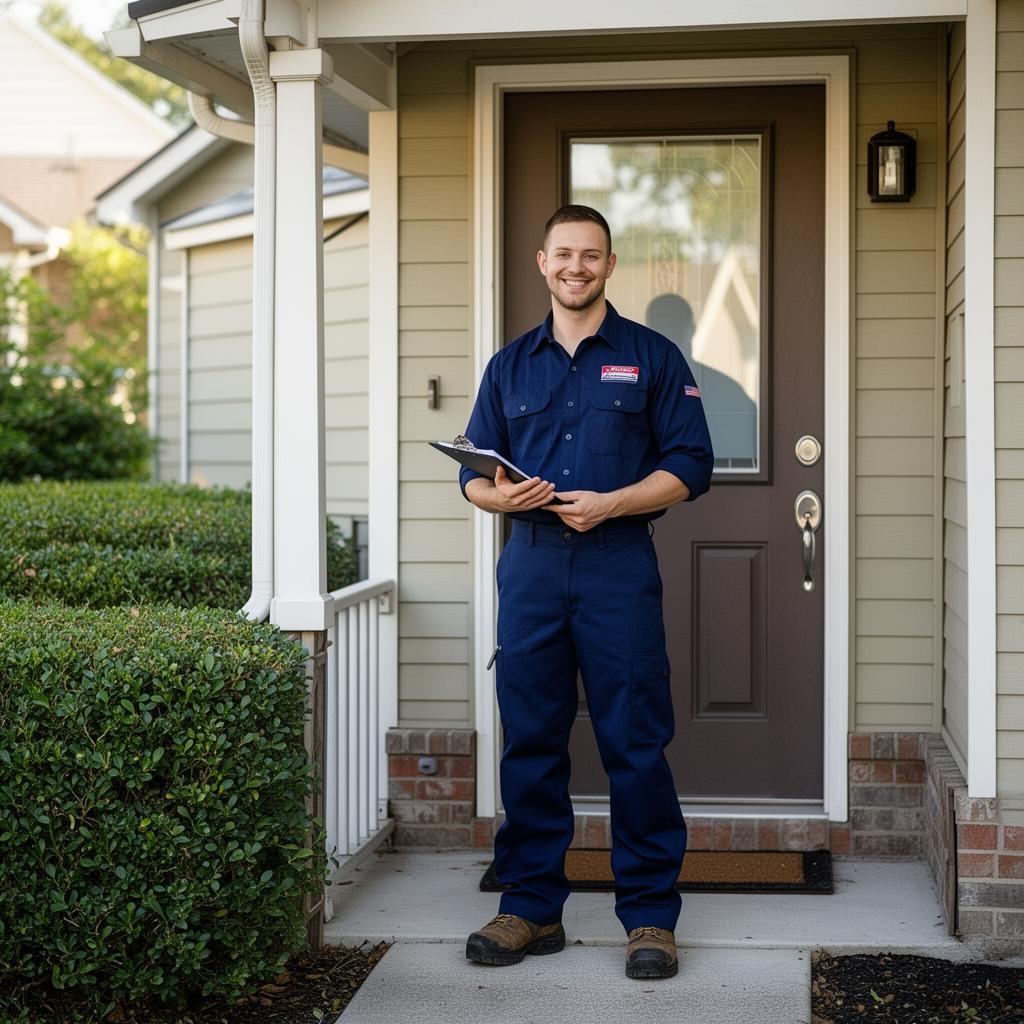 PlumbPro technician at a customer's front door