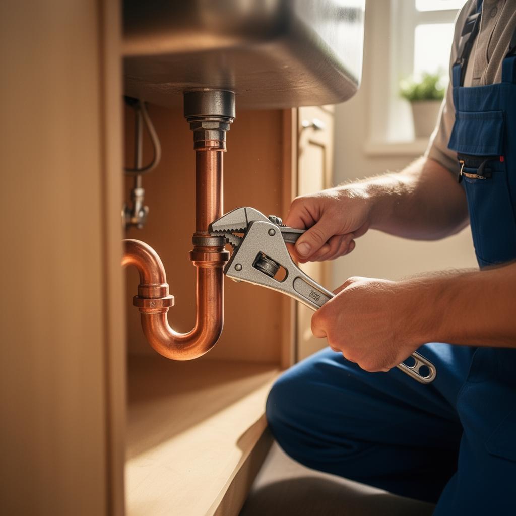 Plumber repairing copper pipe under sink